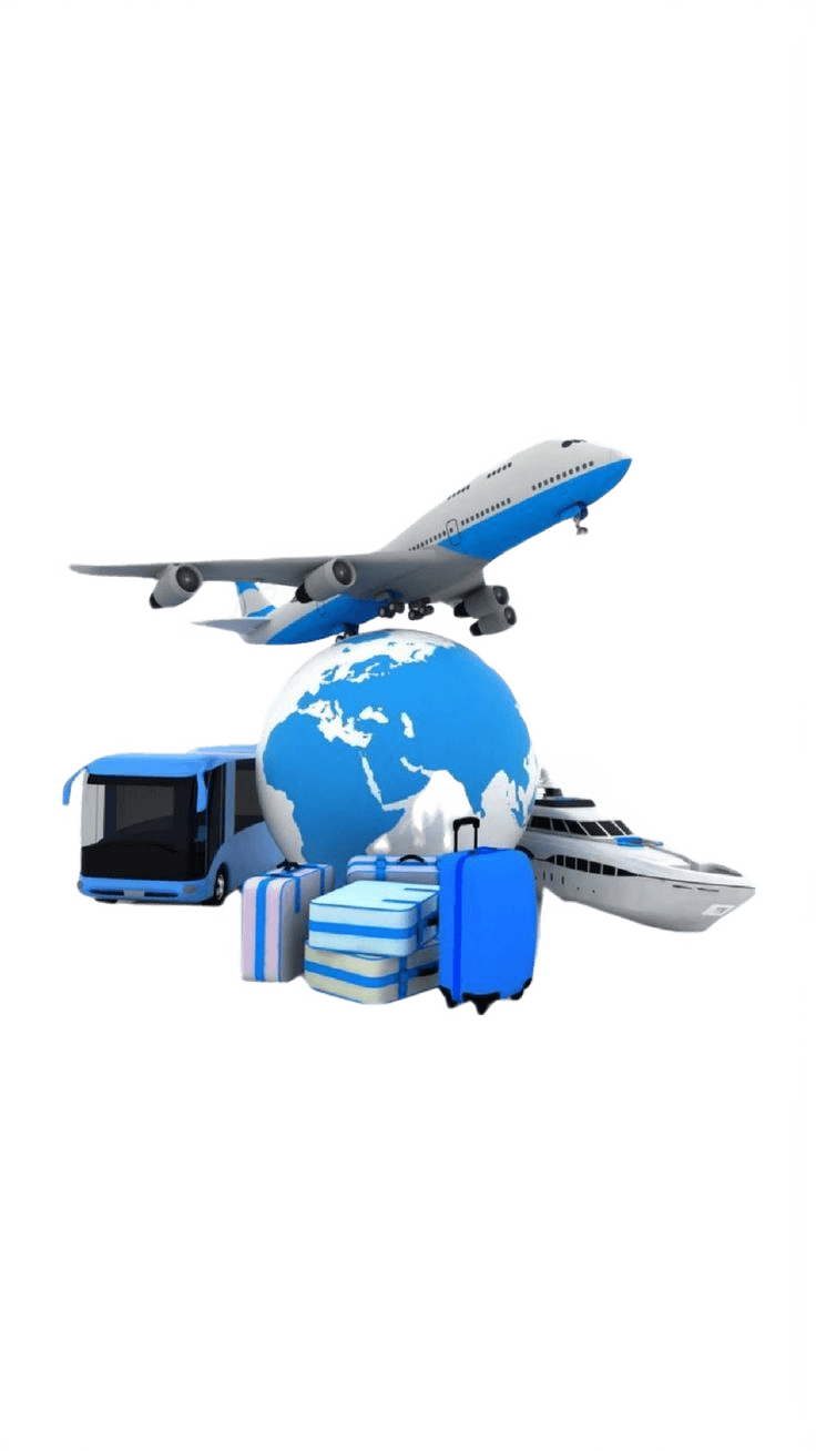 Travel collage with airplane, globe, and luggage